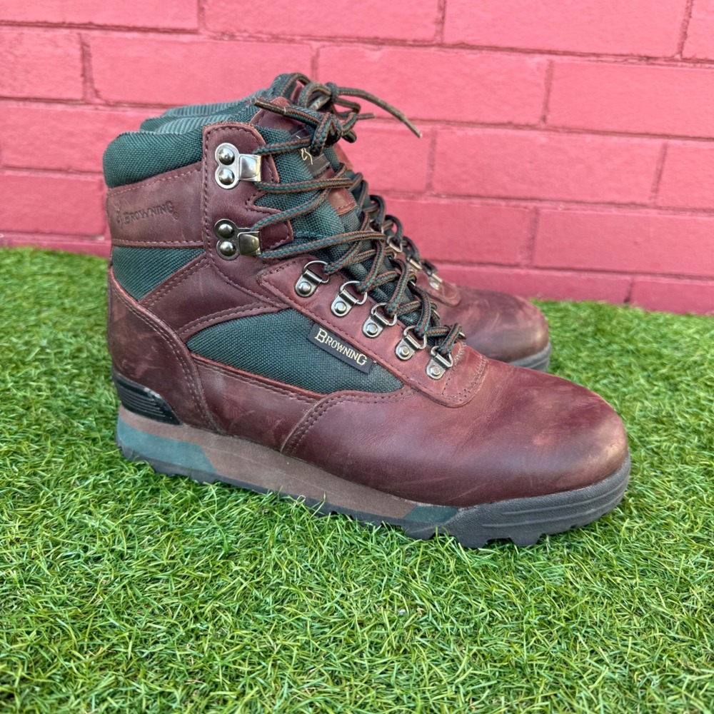 Vtg Browning Mens Hiking Hunting Boots Size 7.5 Leather Green Canvas Gorpcore